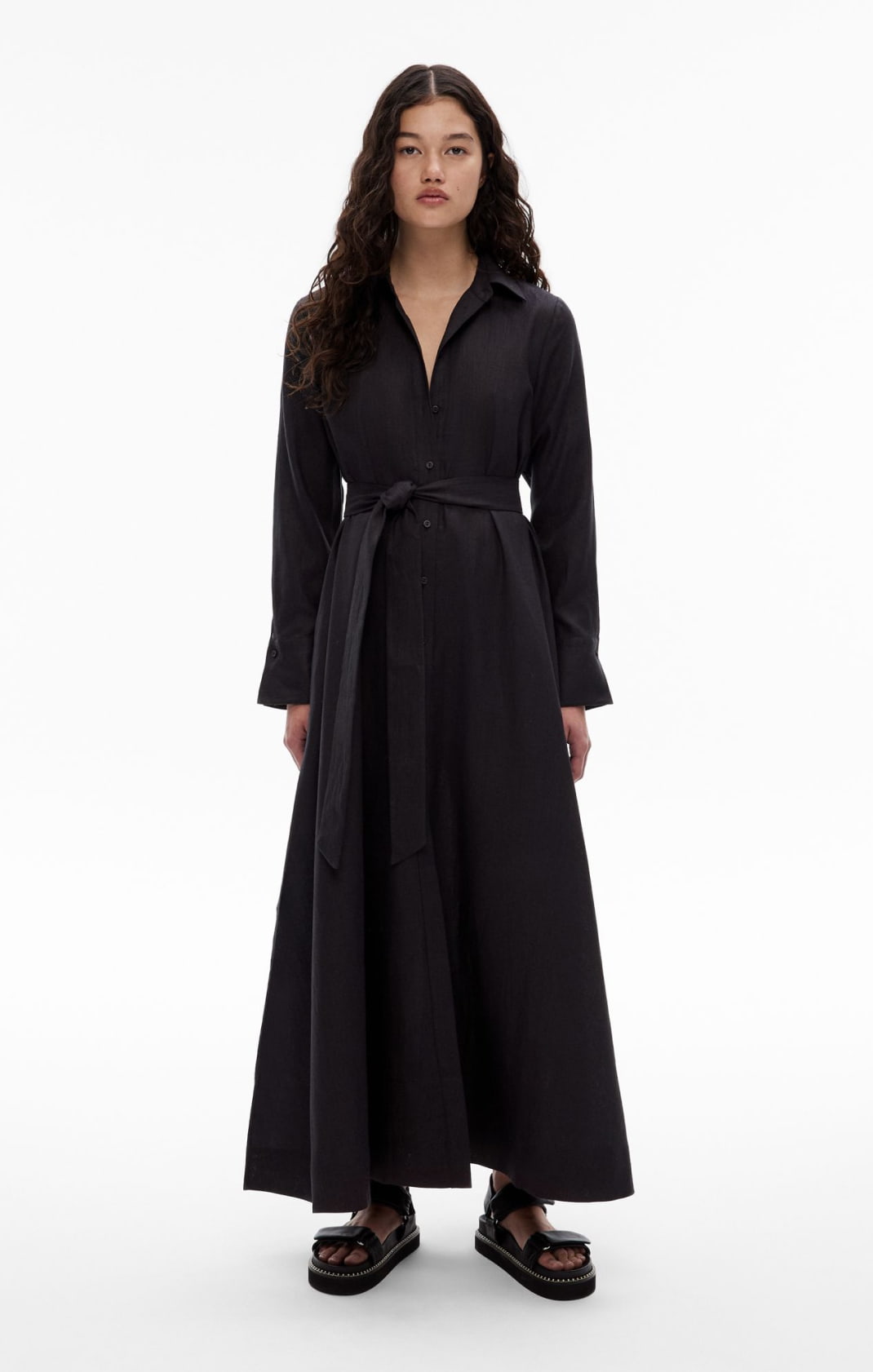 Woman wearing the black linen maxi dress