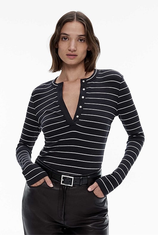 Stripe Cotton Blend Henley Top