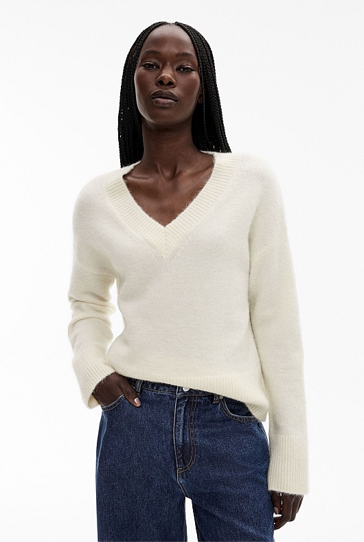 Cream v neck jumper ladies best sale