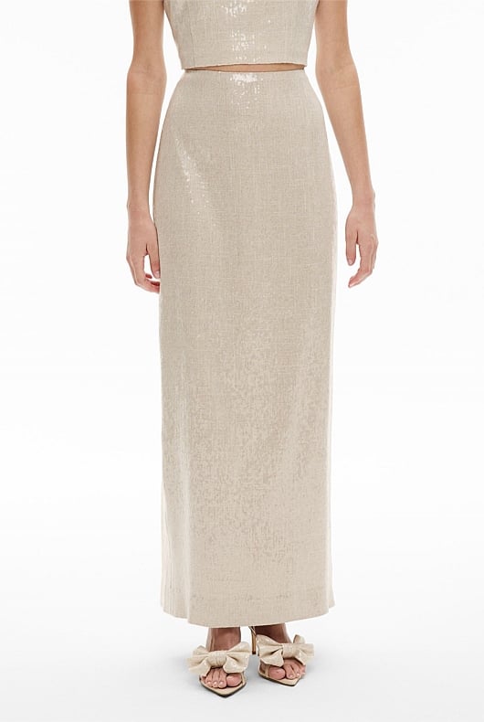 Sequin Linen Column Skirt