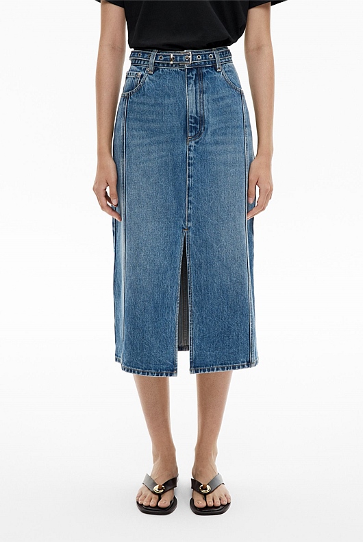 Denim Belt Midi Skirt