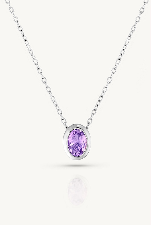 February Amethyst Silver Oval Birthstone Necklace