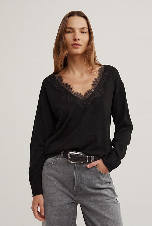 Lace Detail V-Neck Knit