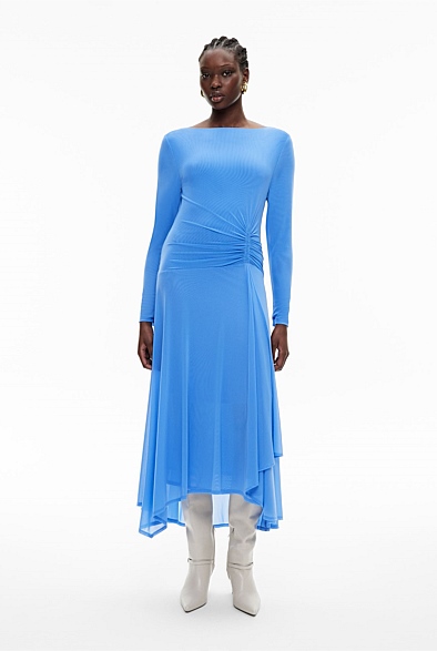 Fresh Blue Asymmetrical Hem Mesh Dress - Women's Long Sleeve
