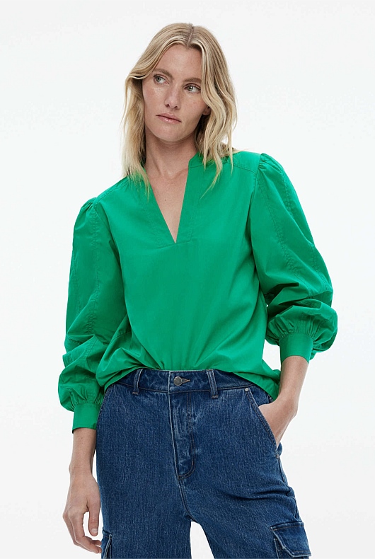Viridian Green Cotton Seam Detail Blouse - Women's Long Sleeve
