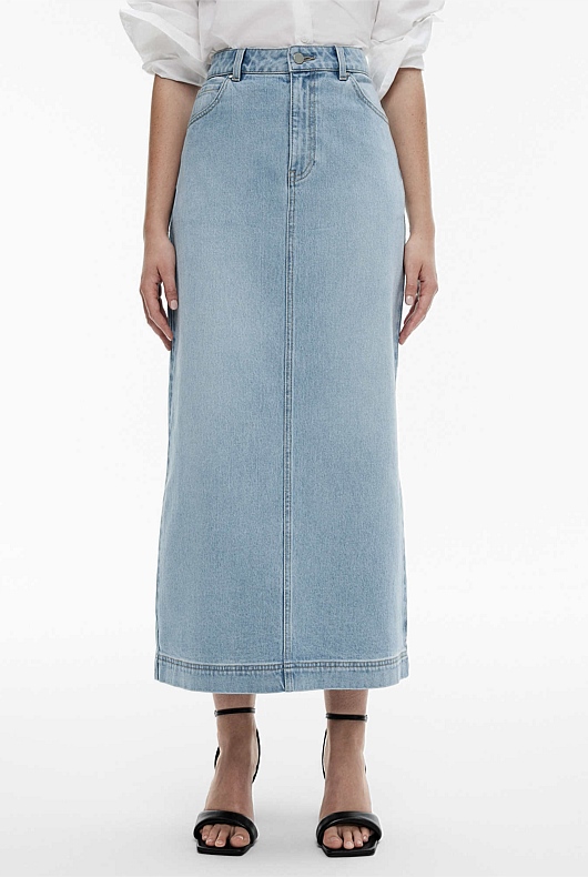 Abercrombie & Fitch high rise denim maxi skirt in mid blue | ASOS