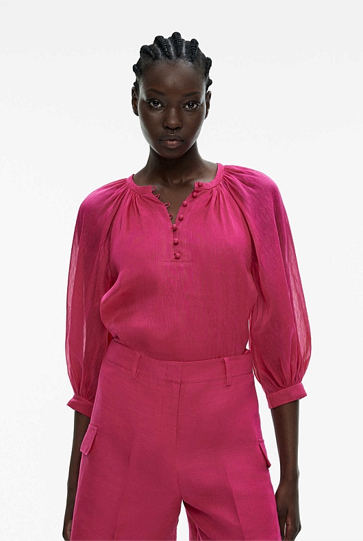 Dahlia Pink Silk Linen Raglan Sleeve Blouse - Women's Evening