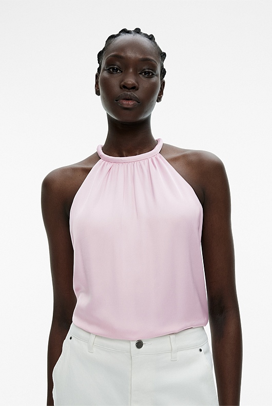 Soft Pink Satin Halter Blouse - Women's Evening Shirts