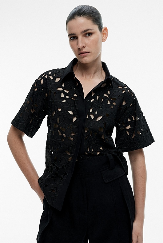 Black Lace Short Sleeve Shirt - Women's Evening Shirts