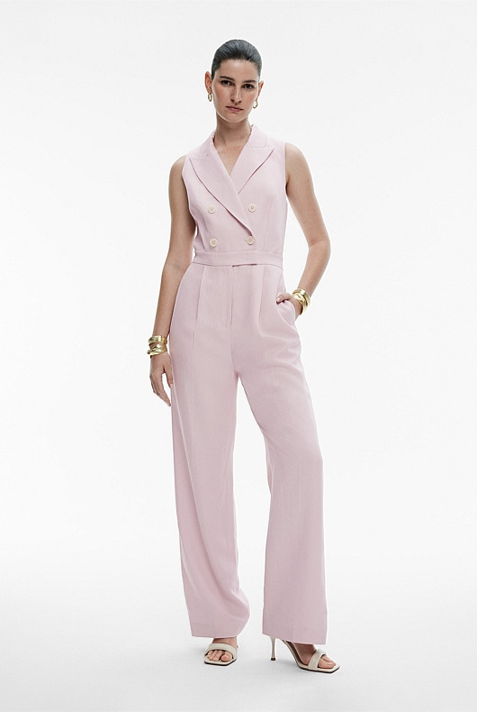 Soft Pink Linen Blend Tuxedo Jumpsuit - Women's Jumpsuits