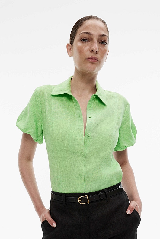 Lime Green Yarn Dye French Linen Seam Detail Blouse - Women's