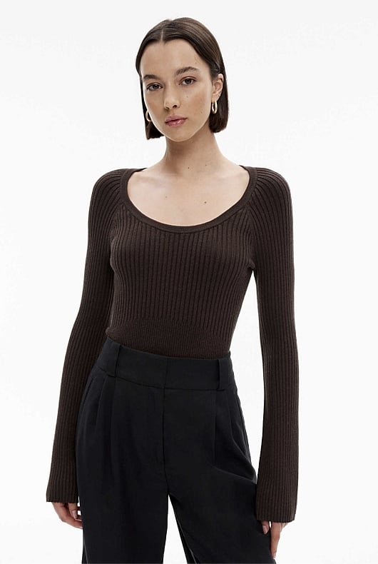 Scoop Neck Ribbed Top - Black