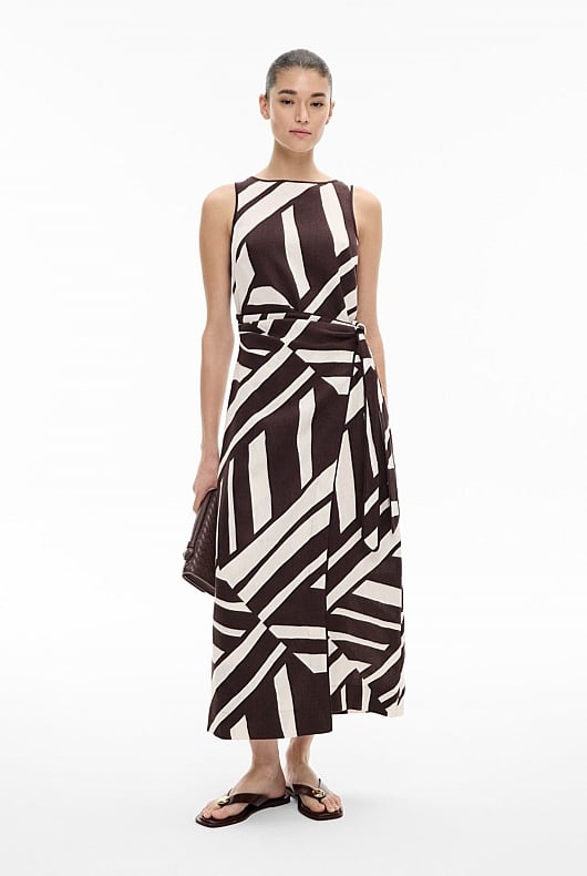 Espresso Abstract Linen Wrap Midi Dress Women's Casual Dresses