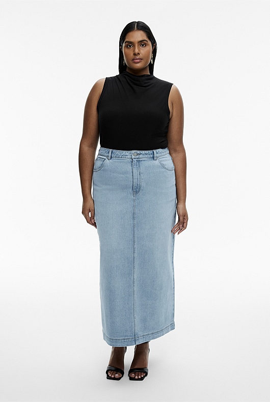 Long Denim Skirt Women Vintage High Waist Jeans Skirt with Belt – Arimonz