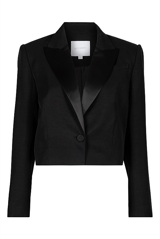 Black Linen Blend Cropped Tuxedo Blazer Women s Blazers Witchery