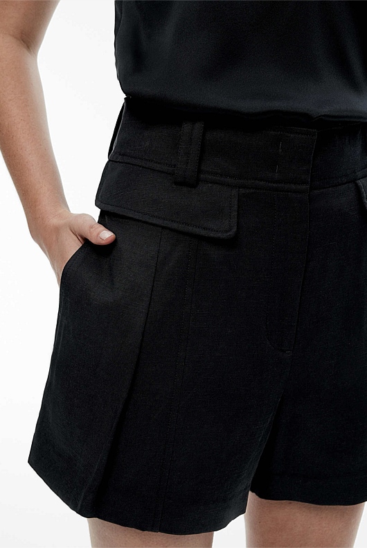 Black Linen Blend Pleated Short - Women's Linen Shorts