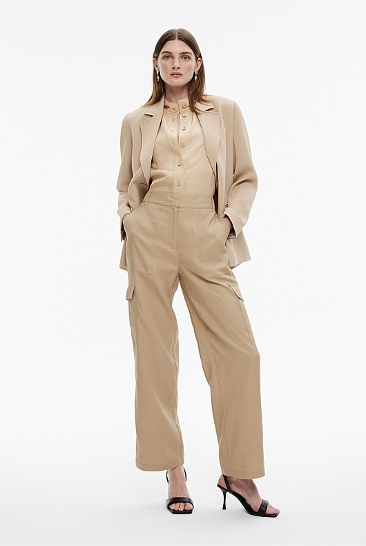 Washed Sand Wide Leg Cargo Pant - Women's High Waisted Pants