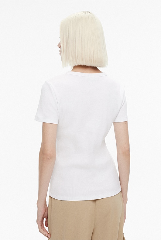 Pure White Cotton Rib Short Sleeve Tee - Women's Short Sleeve Tops