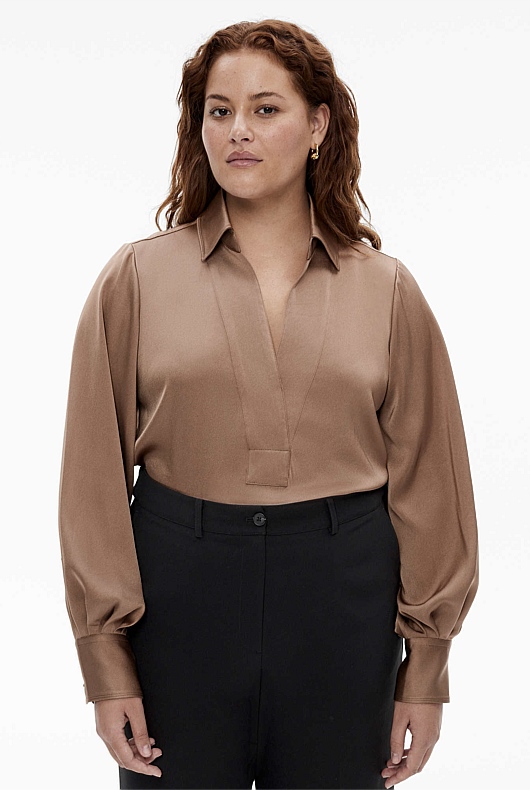 Cappucino Acetate Gathered Popover - Women's Evening Shirts