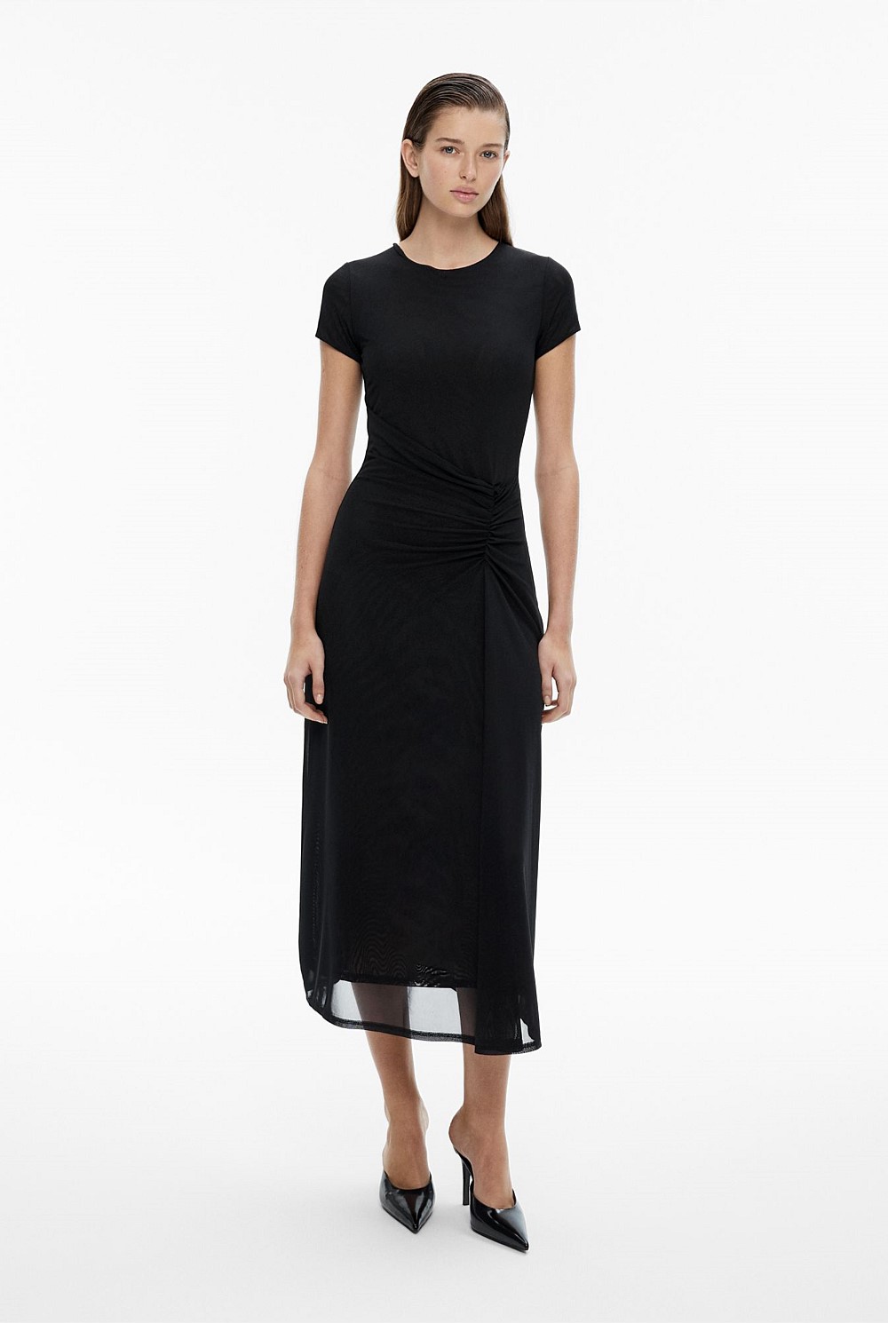 witchery mesh dress Black Mesh Gather Dress - Women's Christmas Party Dresses