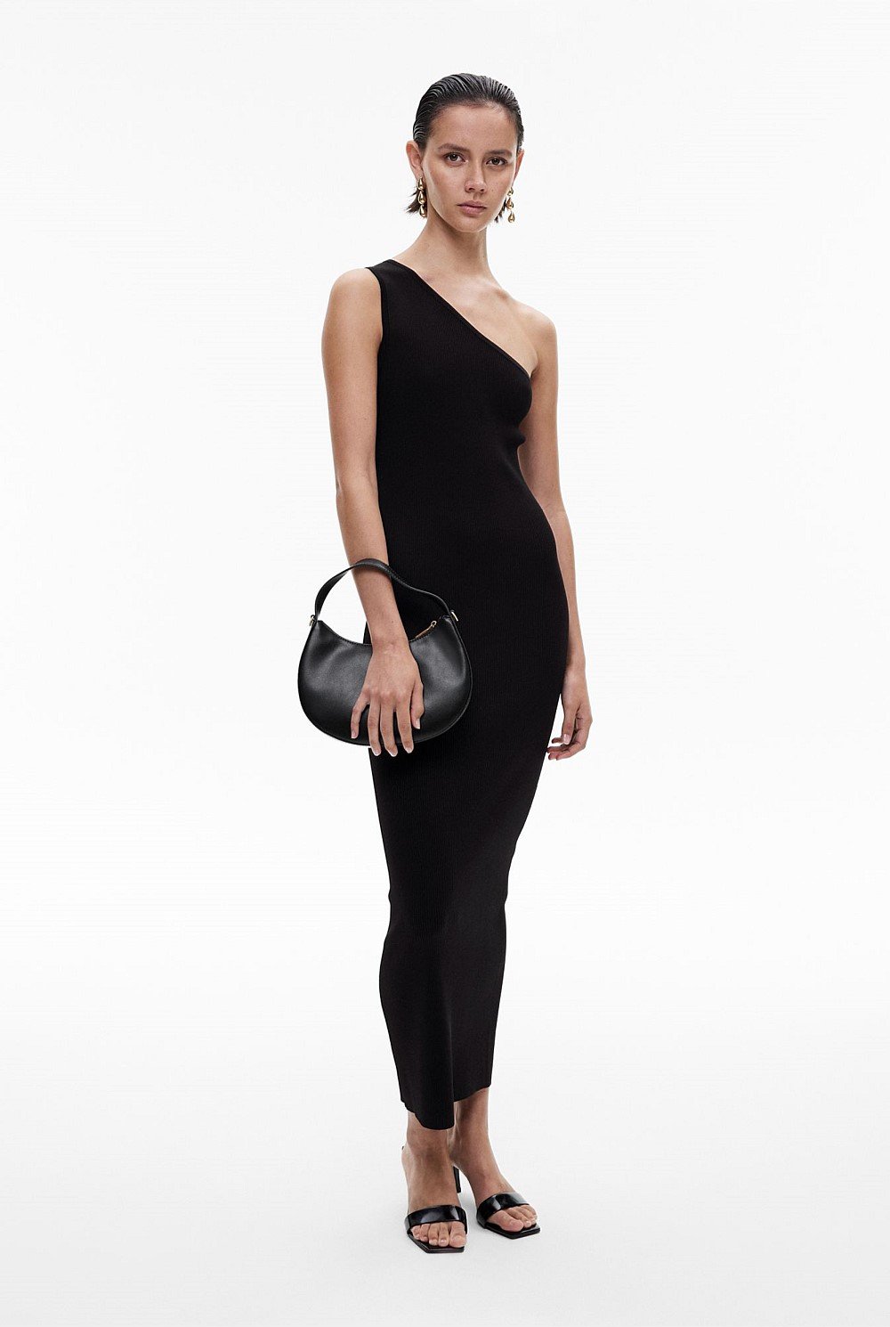 【めっちゃ変わる】 Knit Rib Asymmetric Black Dress Party Christmas Women's - ワンピース