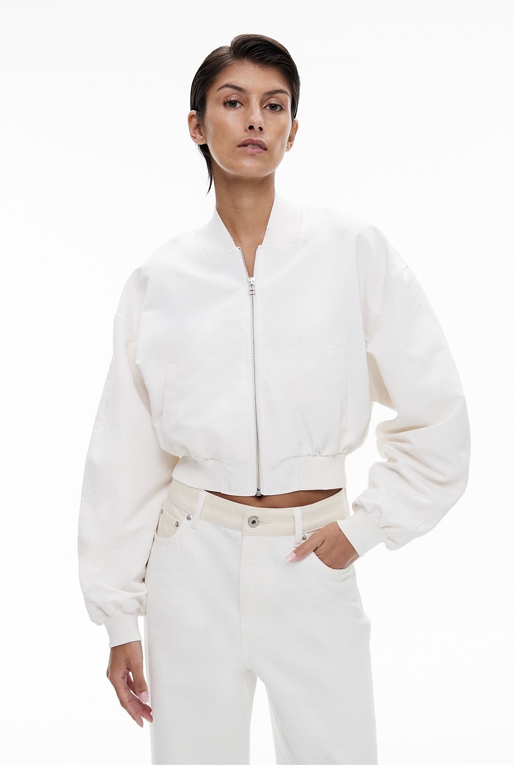 Ladies Jackets Off White Cropped Bomber Jacket Chalk Cropped