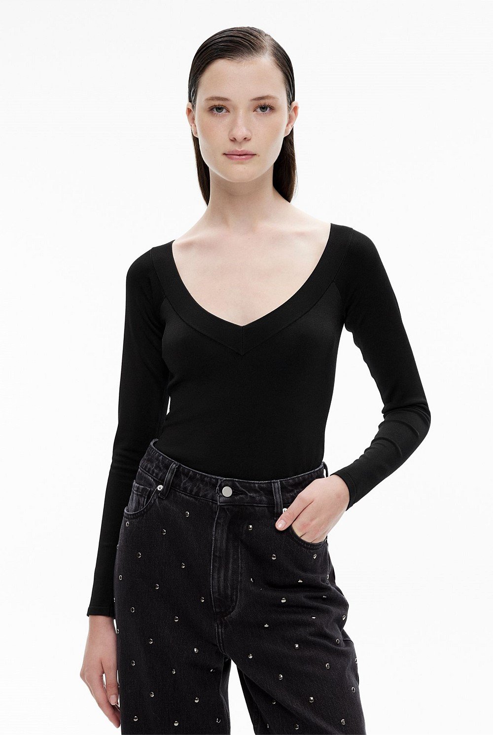 Black Wide Open V Neck Knit - Women's Long Sleeve Tops | Witchery