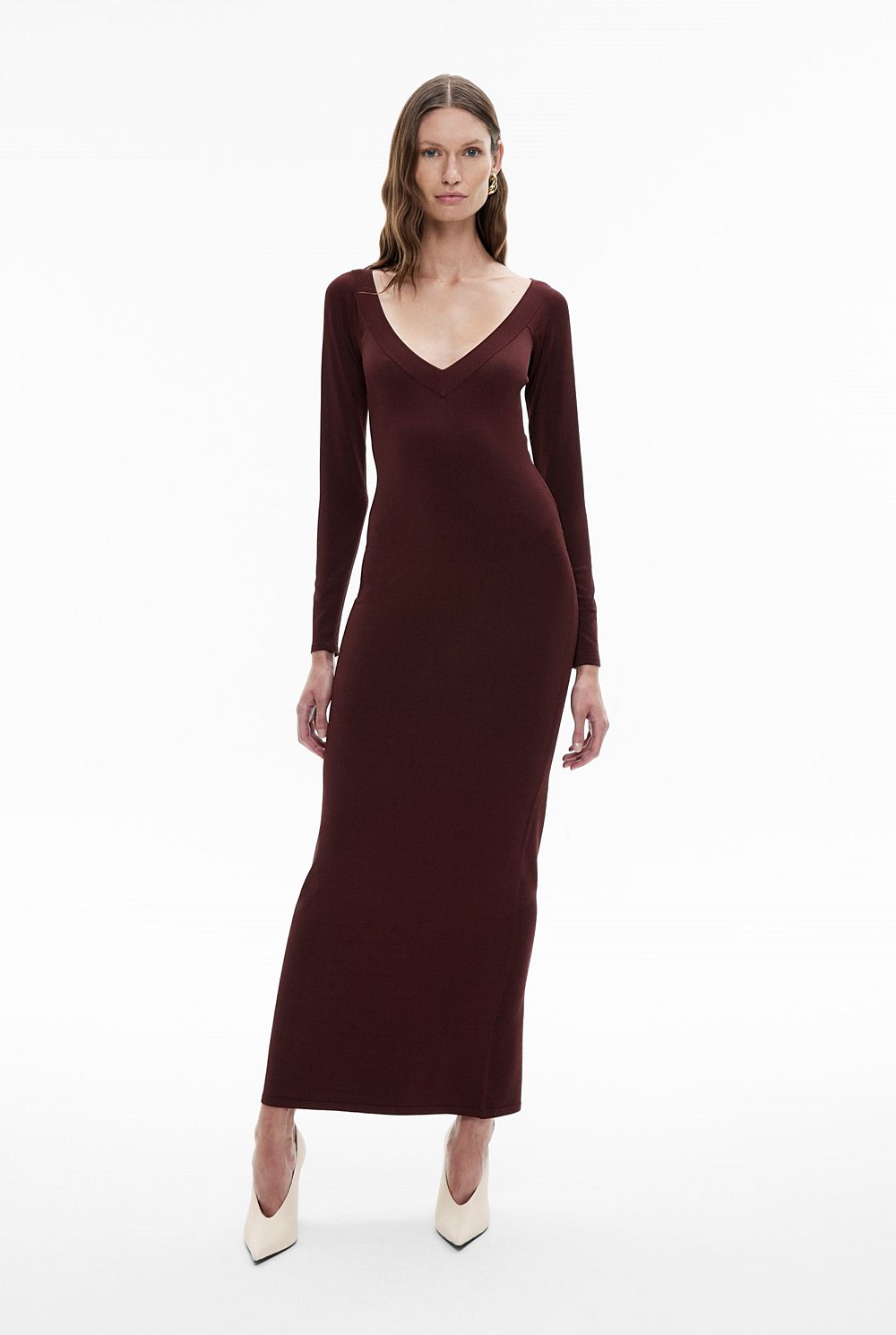 Burgundy Wide V Neck Knit Dress Women's Knit Dresses Witchery