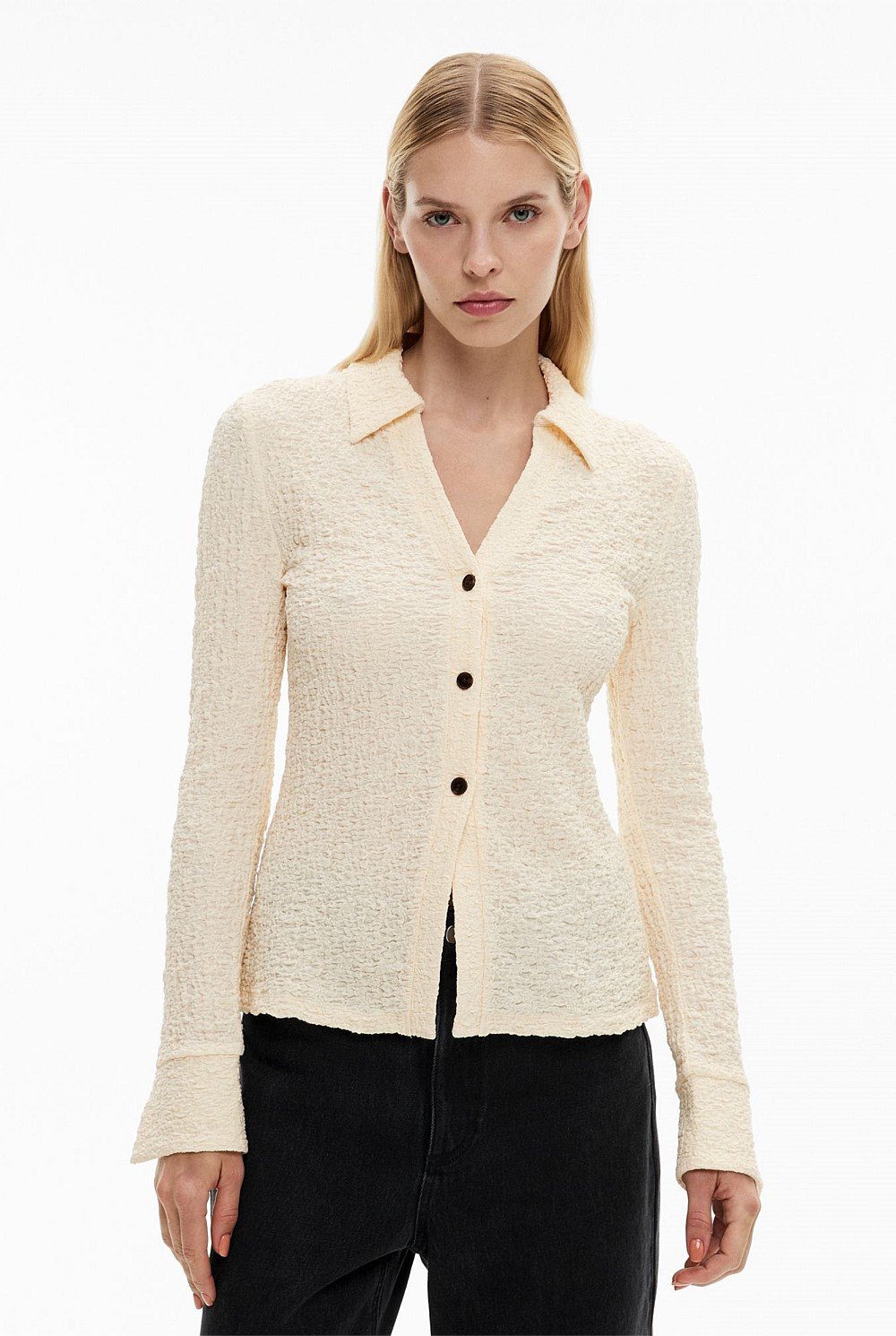 Butter Textured Jersey Polo Top Women's Long Sleeve Tops Witchery