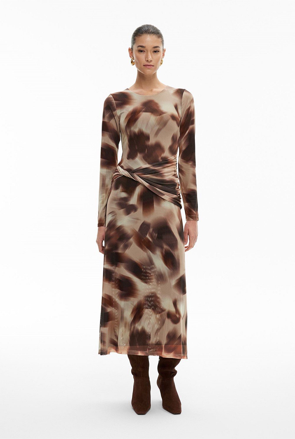 Hazelnut Print Mesh Twist Front Dress Women's Long Sleeve