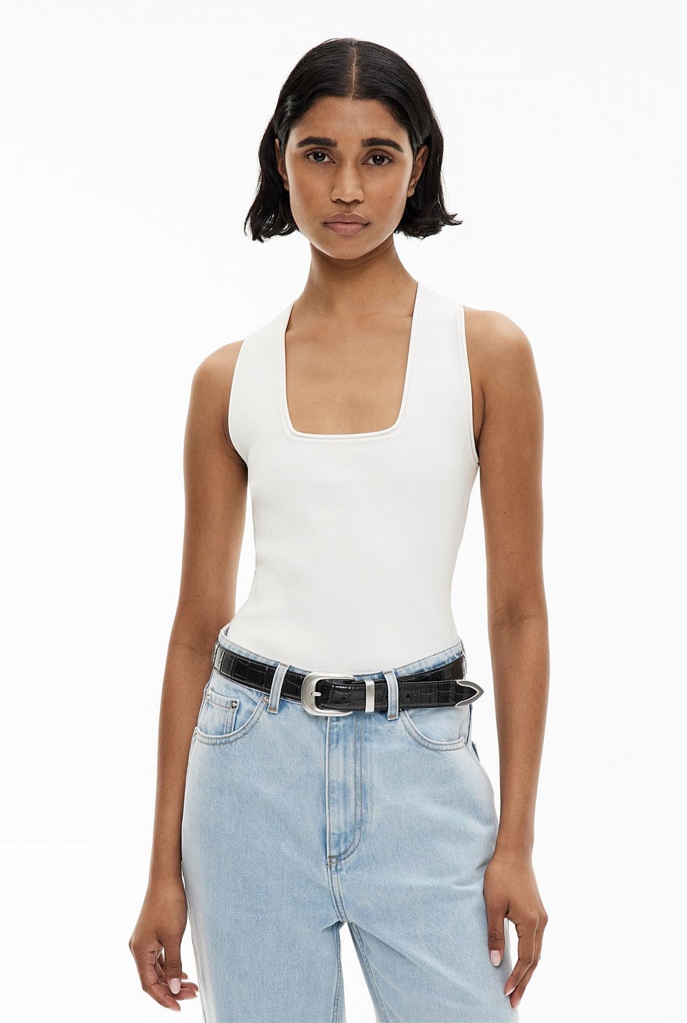 【LOHEN】SQUARE NECK COMPACT TOPS Fresh White Compact Square Neck Tank Top - Women's Sleeveless Tops