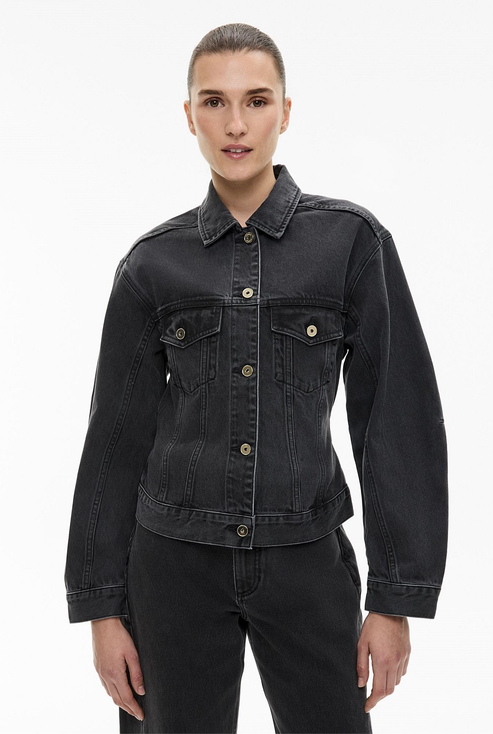Washed Black Cinched Denim Jacket Women's Jackets Witchery