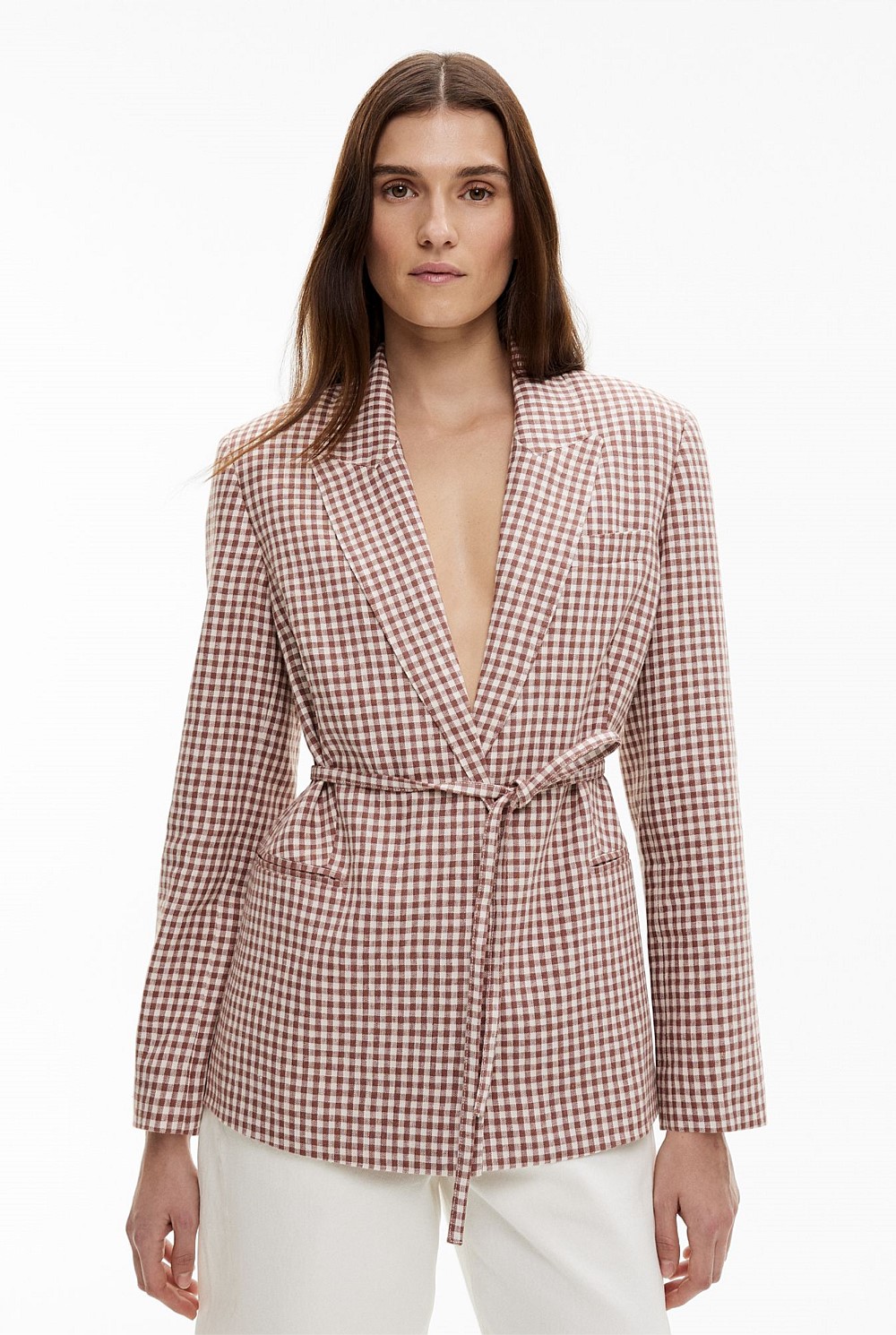 Maple Gingham Tie Detail Linen Blazer Women's Blazers Witchery