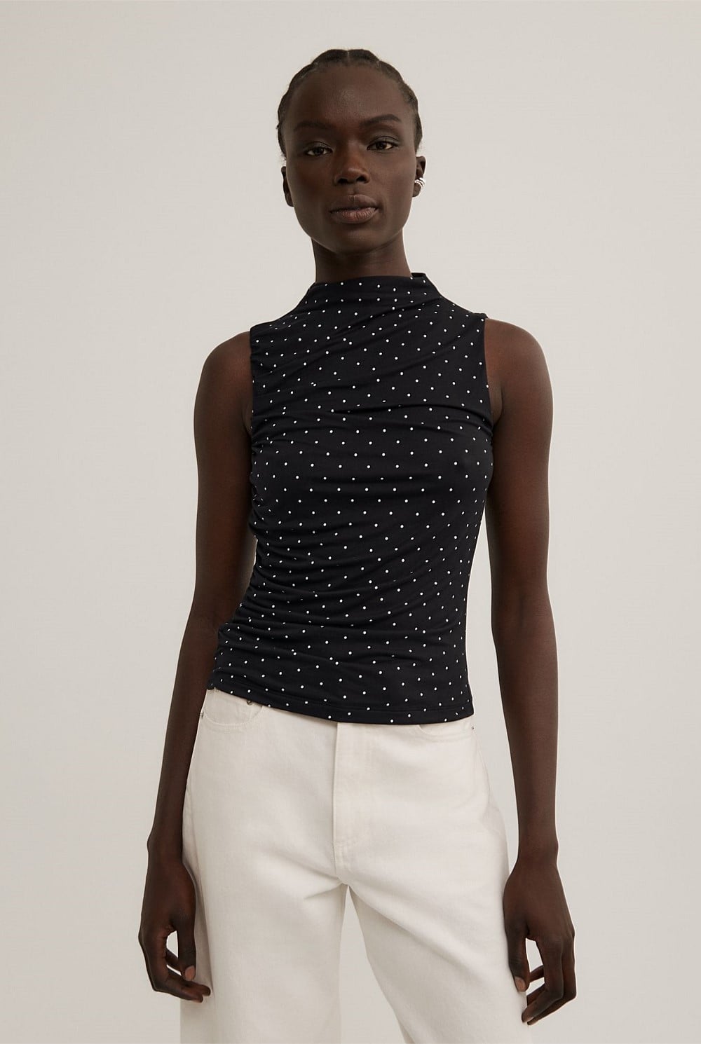 Black Polka Dot Gathered Jersey Top - Women's Sleeveless Tops