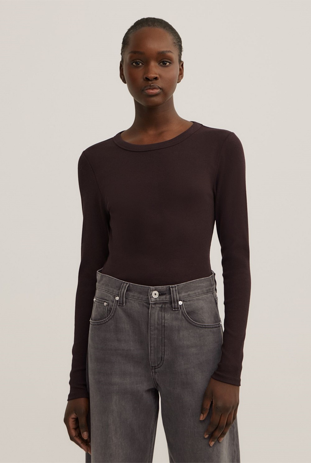 Espresso Crew Rib Long Sleeve Top - Women's Workwear Tops | Witchery