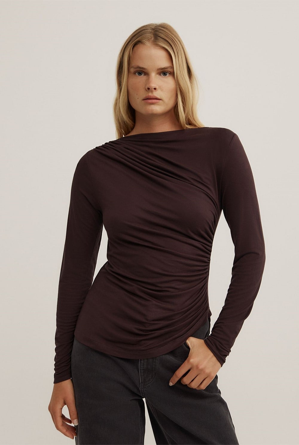Espresso Draped Jersey Long Sleeve Top - Women's Evening Tops