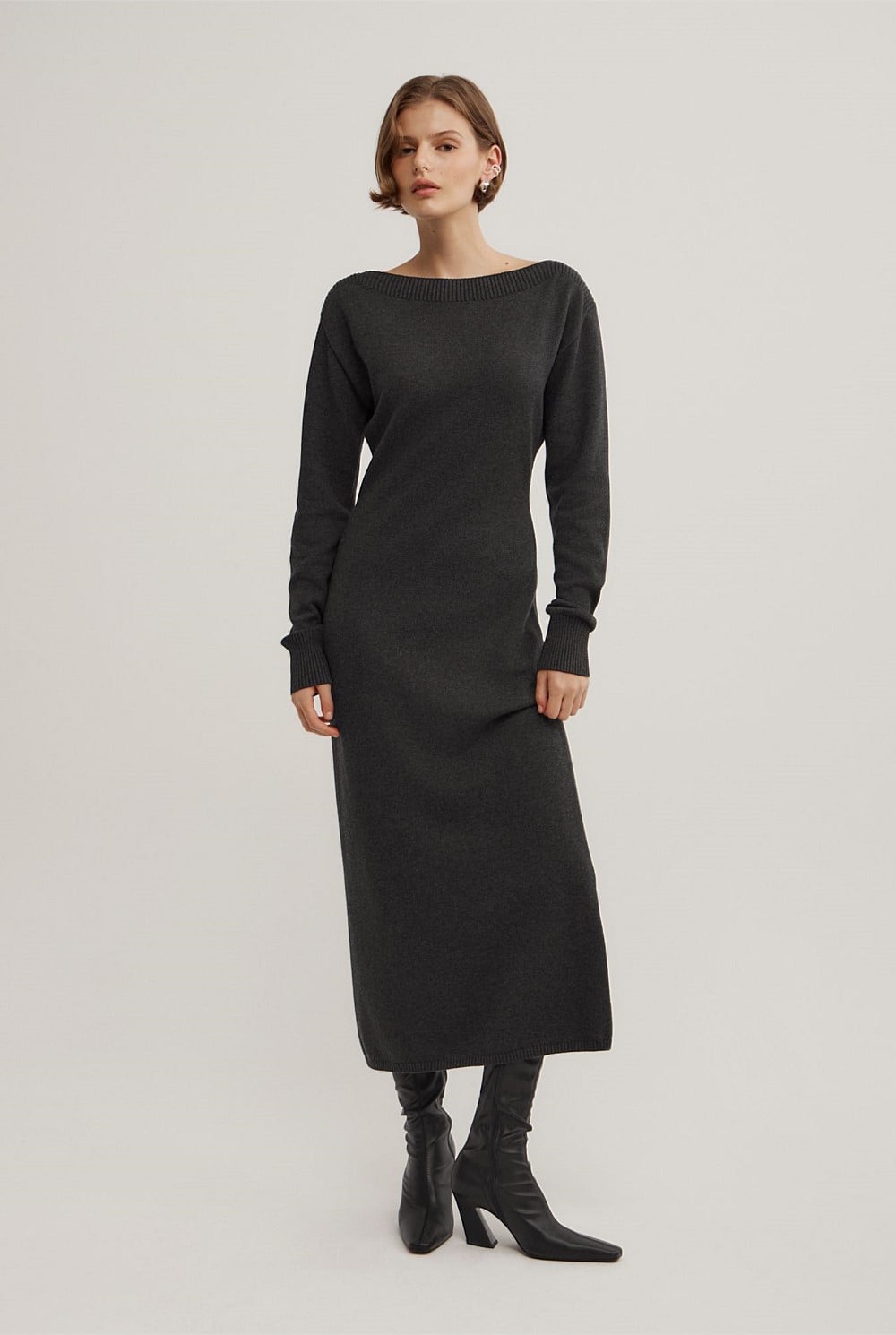 witchery knit dress Charcoal Marle Boat Neck Knit Dress - Women's Black Dresses
