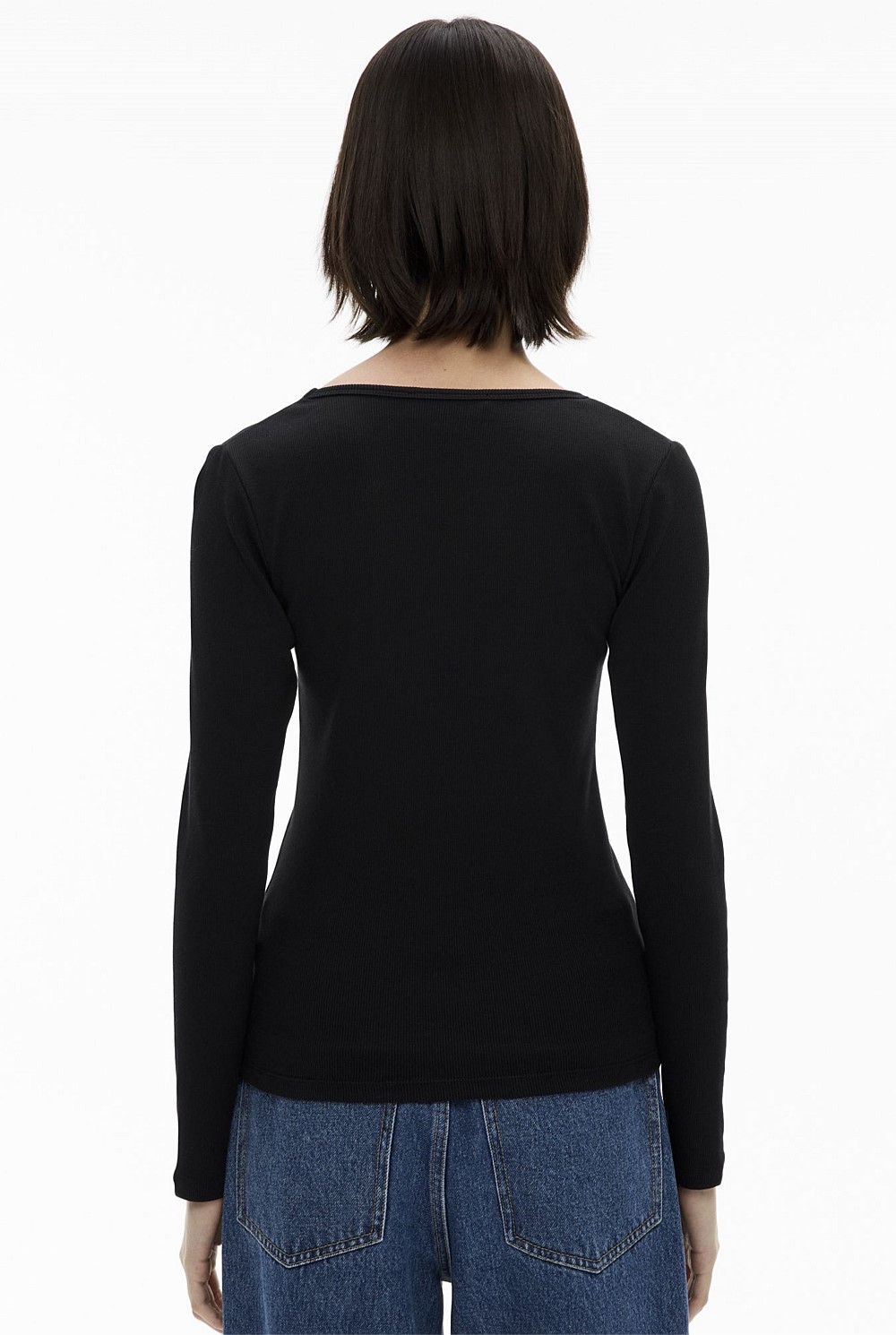 Black Scoop Rib Top - Women's Long Sleeve Tops | Witchery