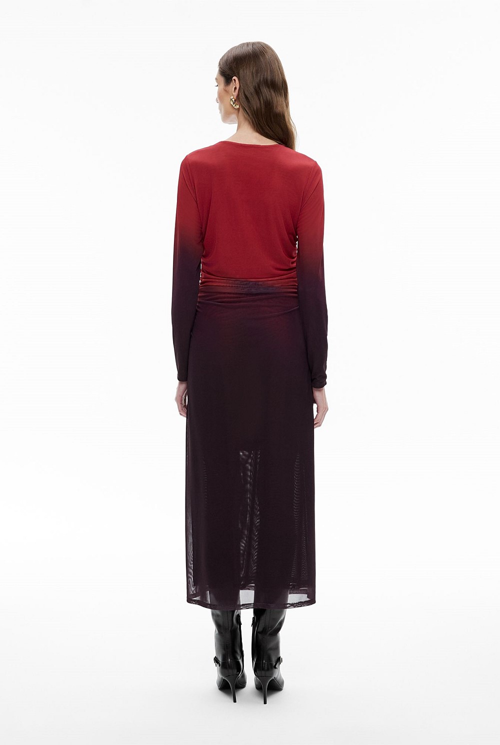 witchery gather mesh dress Plum Ombre Mesh Crew Gather Dress - Women's Long Sleeve Dresses