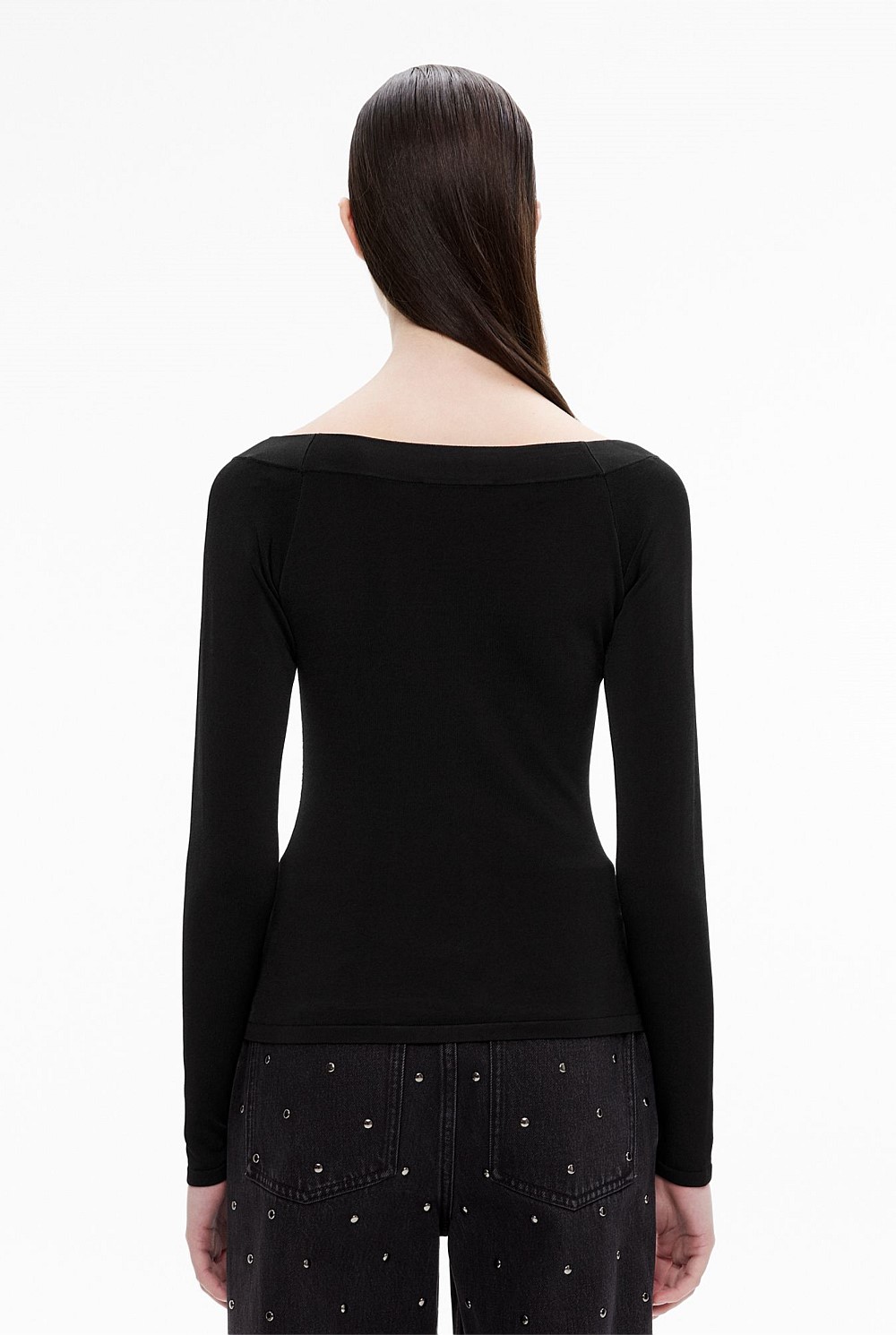 Black Wide Open V Neck Knit - Women's Long Sleeve Tops | Witchery