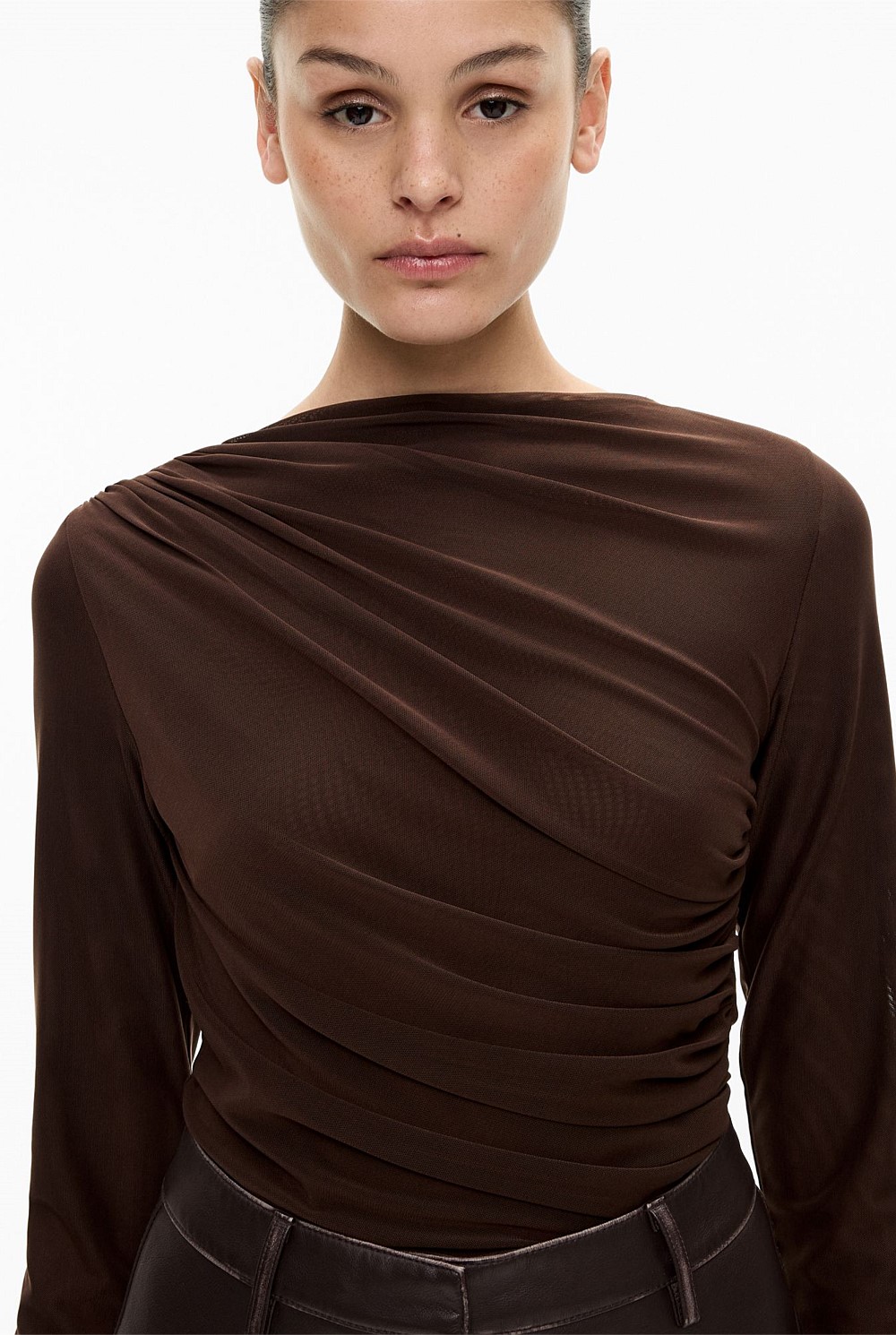 Espresso Mesh Drape Long Sleeve Top Women's Long Sleeve Tops