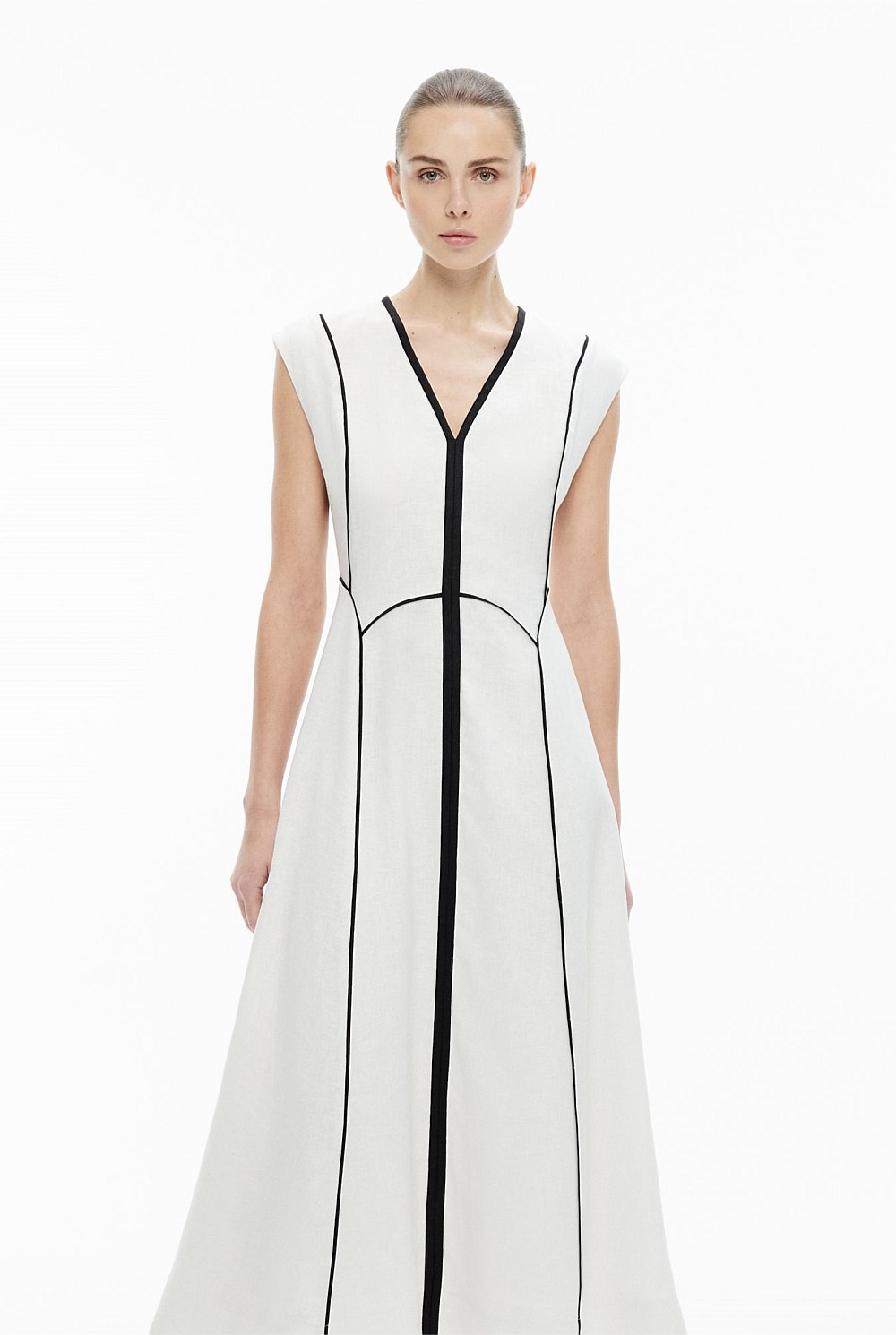 white dress black piping White Crepe Half Embroidered in Black Ruffled Black Cady Half Midi Dre –  Gattinolli by Marwan