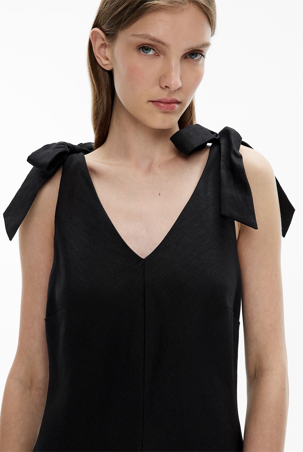 Black V-Neck Linen Midi Dress - Women's A Line Dresses | Witchery