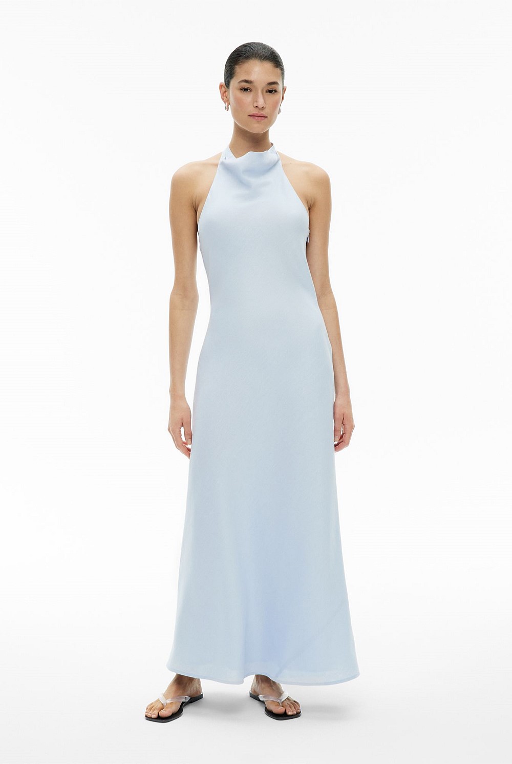 princess polly baby blue dress Elegant Light Blue Halter Cross Maxi Dress - Open Back Floor Length Satin  Bridesmaid Dress main image 1