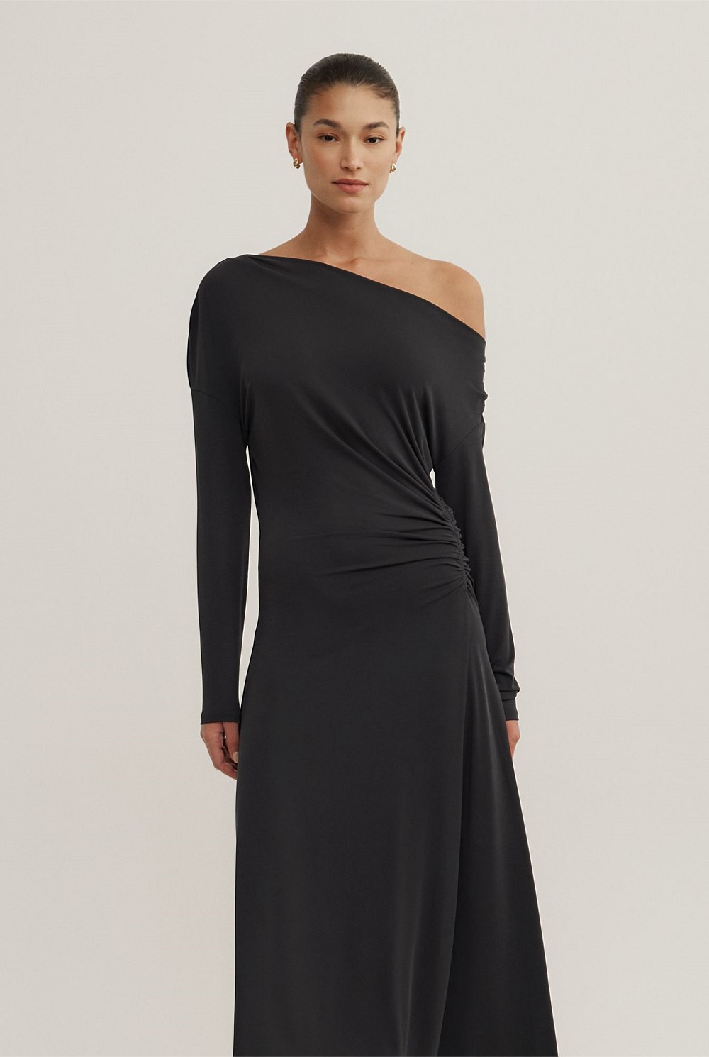 off shoulder jacquard dress Terani 261M6679 Off-Shoulder Fitted Jacquard Gown with Hip Detail Rose Gold / 8