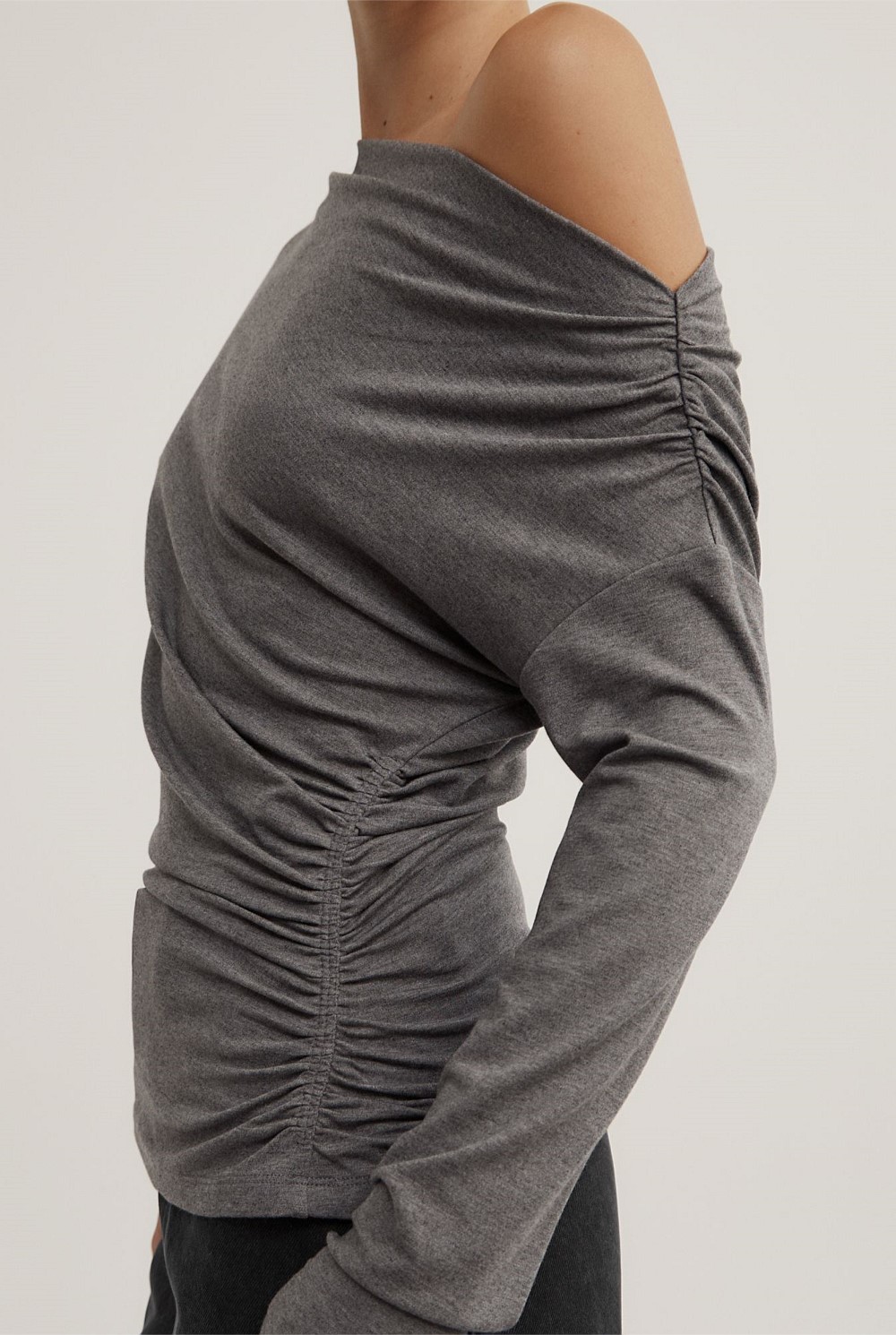 Charcoal Marle Asymmetric Draped Long Sleeve Top - Women's Evening